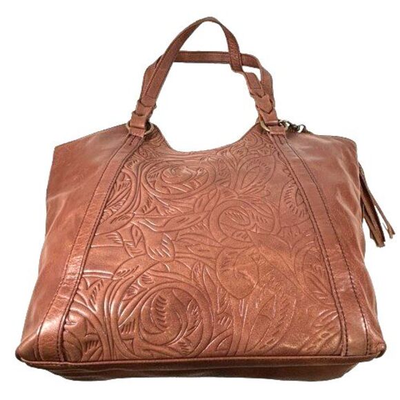 The Sak Sierra Brown Tooled Leather Shopper Tote Shoulder Bag Purse w/Tassel - Picture 11 of 16